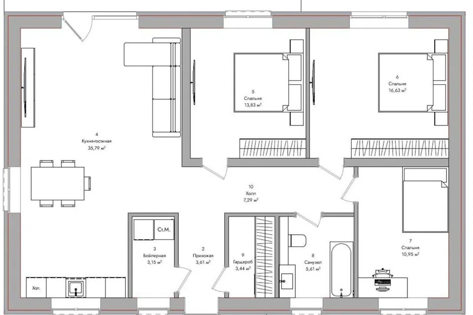 Проект дома Brick -3 из материала Кирпич площадью
       103,45 м²,
       3 спальни,
       1 этаж