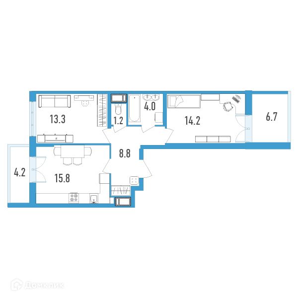 Продаётся 2-комнатная квартира, 62.8 м²