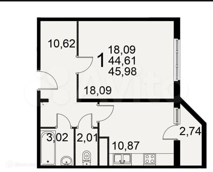 Продаётся 1-комнатная квартира, 45.89 м²