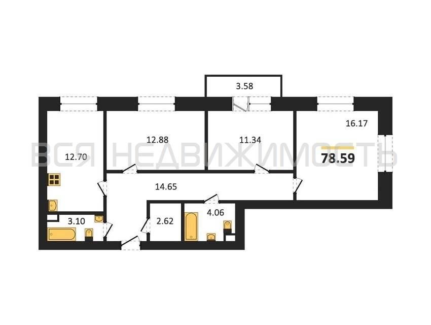 Продаётся 3-комнатная квартира, 78.3 м²