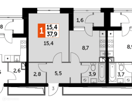 Продаётся 1-комнатная квартира, 37.9 м²