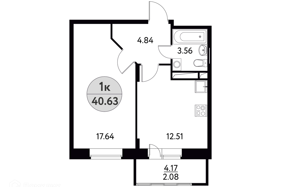 Продаётся 1-комнатная квартира, 40.63 м²