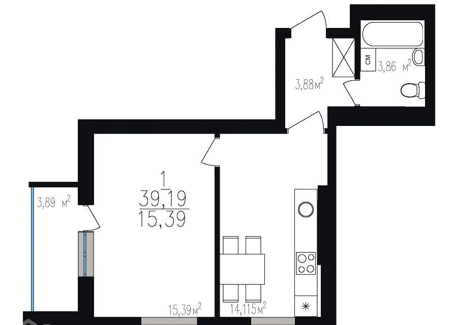 Продаётся 1-комнатная квартира, 39.19 м²