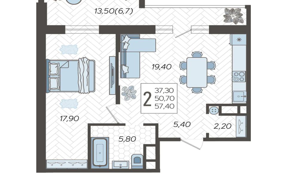 Продаётся 2-комнатная квартира, 58.2 м²