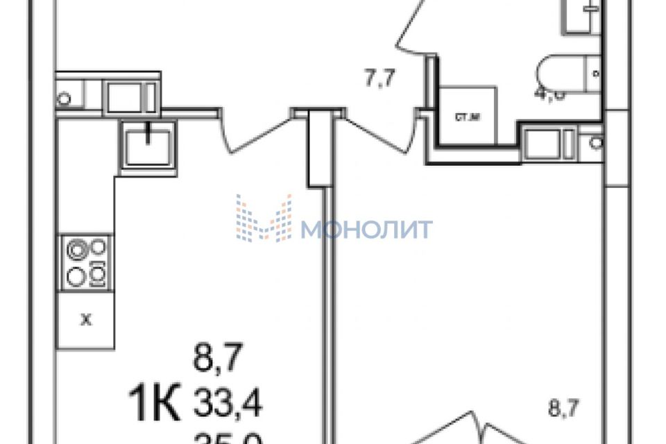 Продаётся 1-комнатная квартира, 34.8 м²