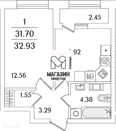 Продаётся 1-комнатная квартира, 32.93 м²