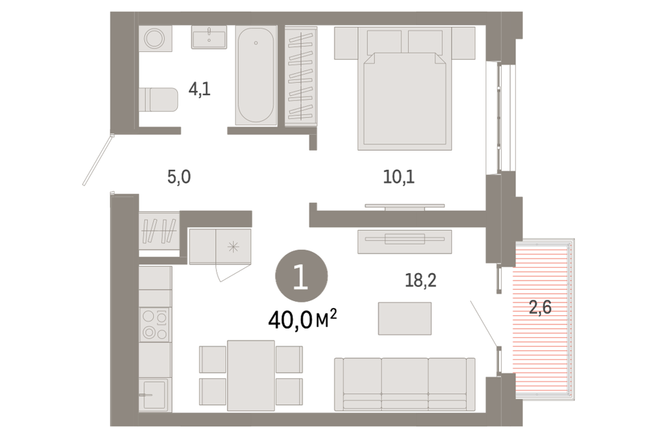 Продаётся 1-комнатная квартира, 40 м²