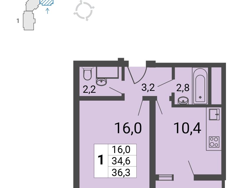 Продаётся 1-комнатная квартира, 36.3 м²