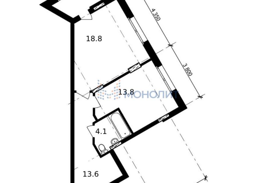 Продаётся 1-комнатная квартира, 55.1 м²