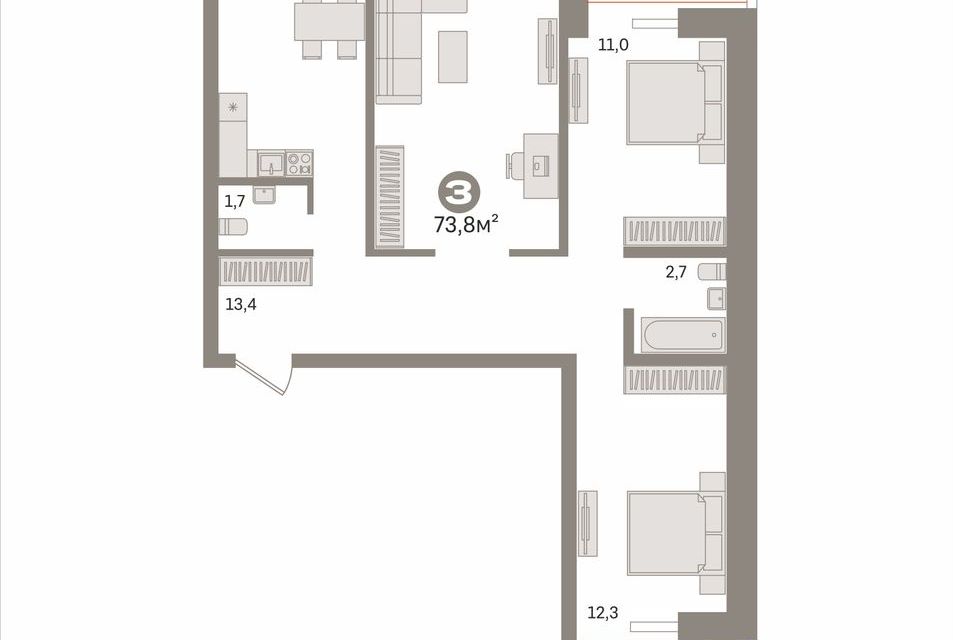 Продаётся 3-комнатная квартира, 73.8 м²