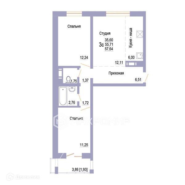 Продаётся 3-комнатная квартира, 57.9 м²