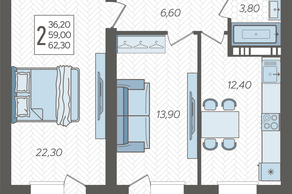 Продаётся 2-комнатная квартира, 62.3 м²