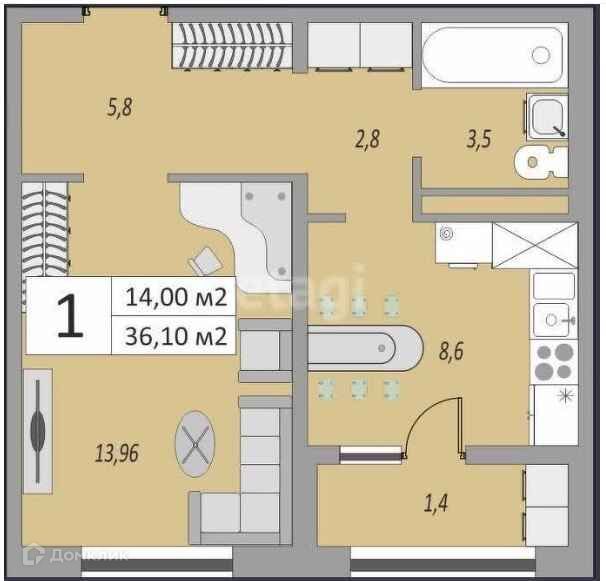 Продаётся 1-комнатная квартира, 36.1 м²