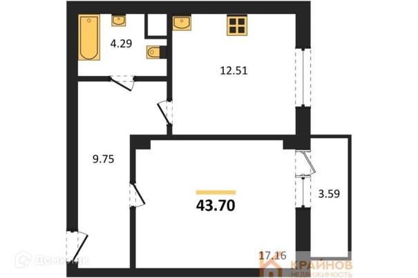 Продаётся 1-комнатная квартира, 43.7 м²