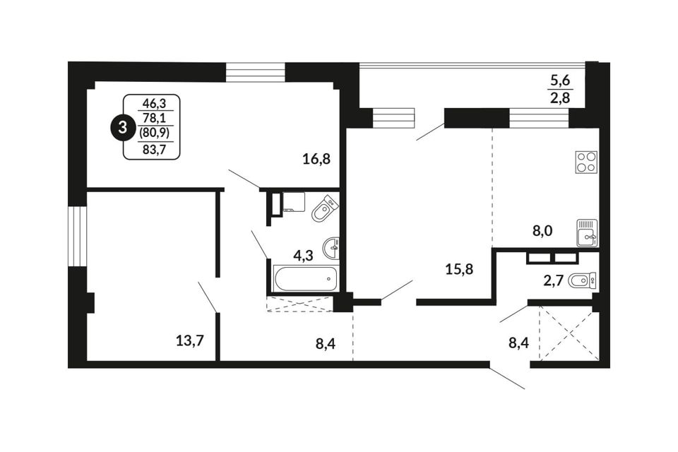 Продаётся 3-комнатная квартира, 80.9 м²