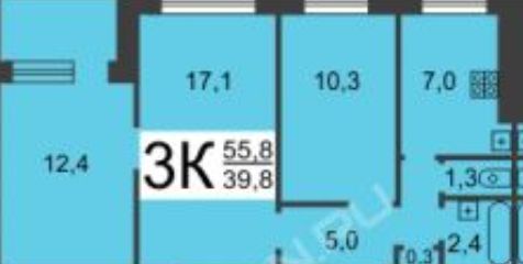 Продаётся 3-комнатная квартира, 55.8 м²