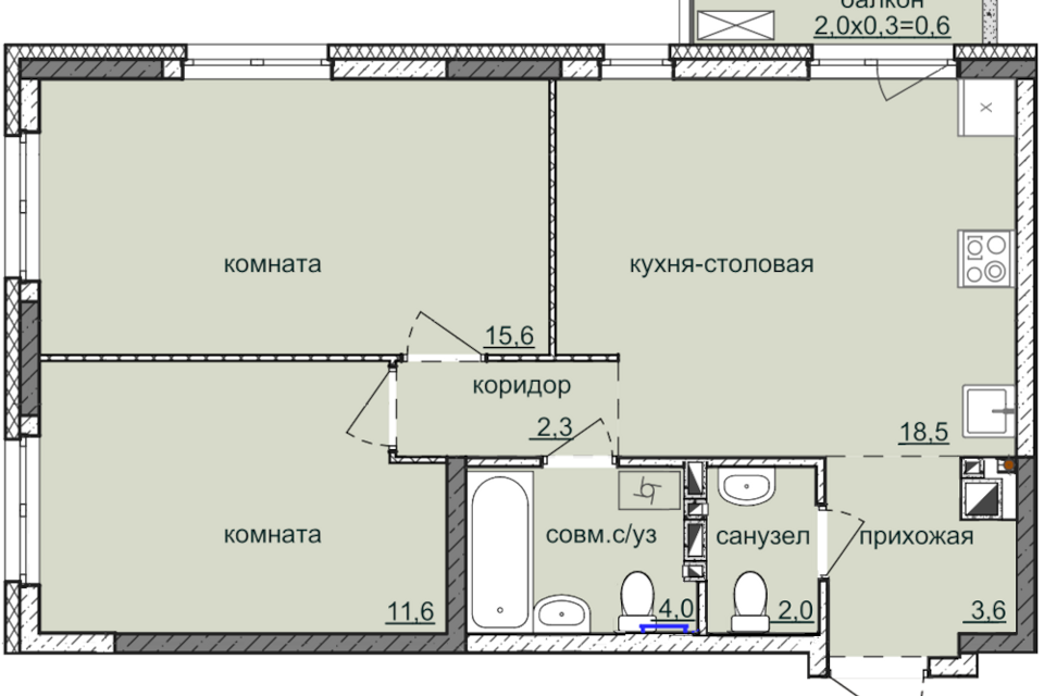 Продаётся 2-комнатная квартира, 58.4 м²