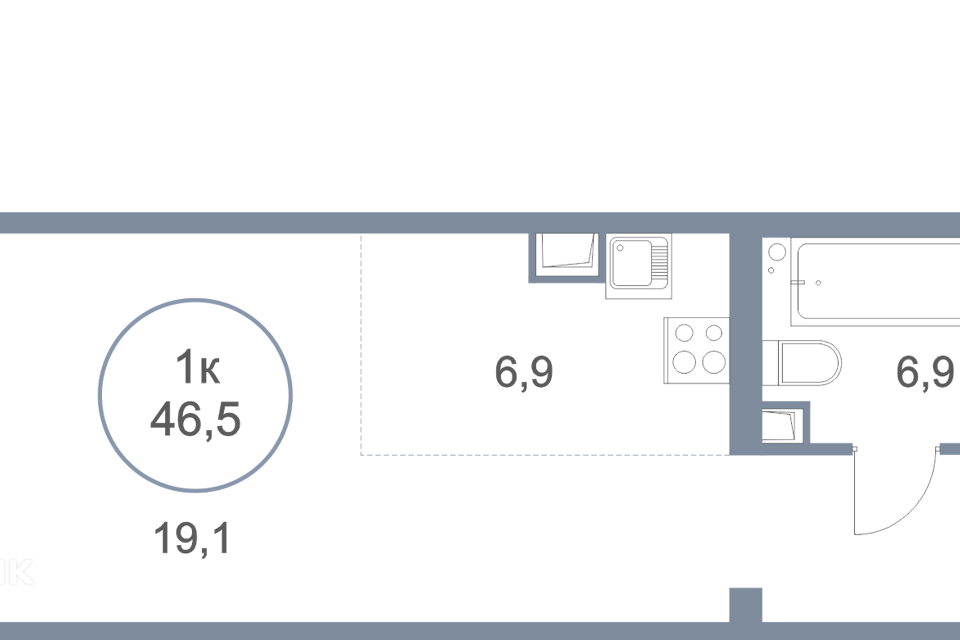 Продаётся 1-комнатная квартира, 46.5 м²