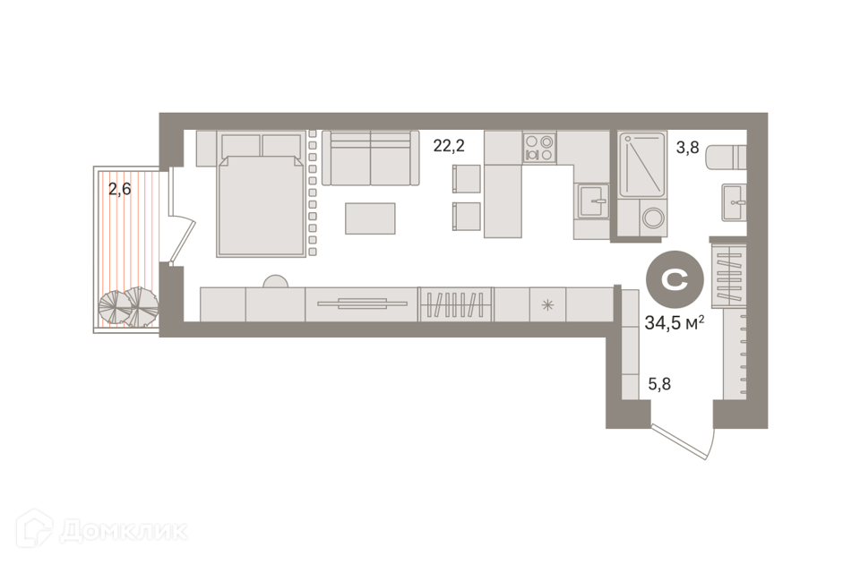 Продаётся студия, 34.5 м²