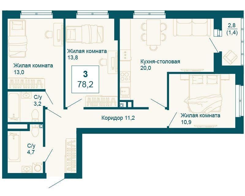 Продаётся 3-комнатная квартира, 78.2 м²
