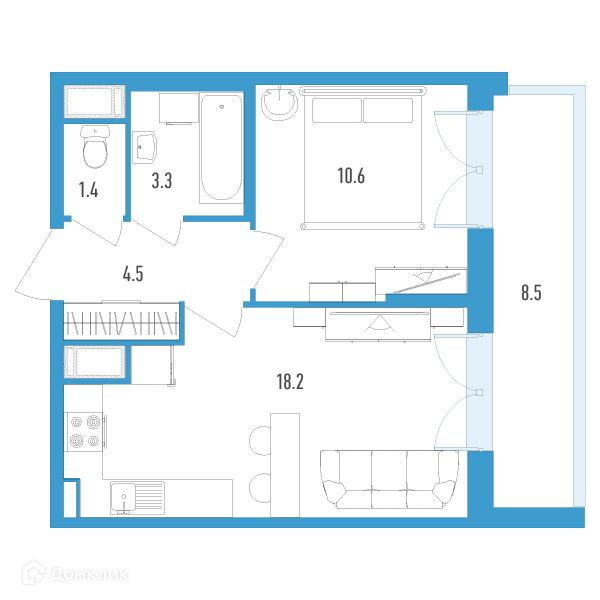 Продаётся 1-комнатная квартира, 42.3 м²
