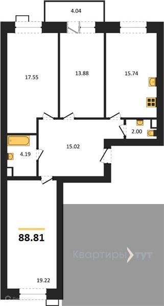 Продаётся 3-комнатная квартира, 88.81 м²