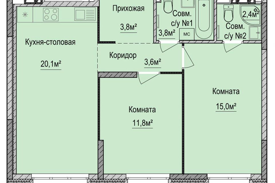Продаётся 2-комнатная квартира, 60.5 м²