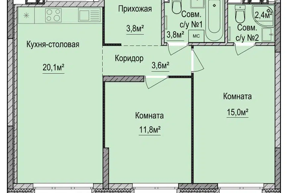 Продаётся 2-комнатная квартира, 60.5 м²