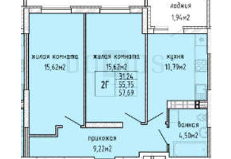 Продаётся 2-комнатная квартира, 55.8 м²