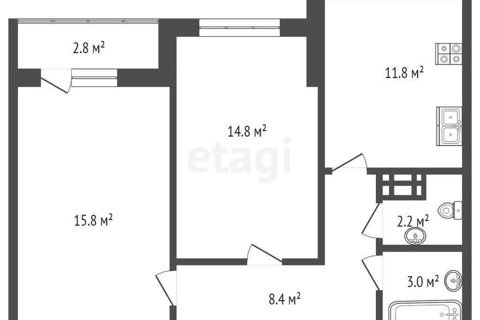 Продаётся 2-комнатная квартира, 57.41 м²