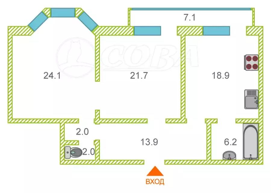 Продаётся 2-комнатная квартира, 89.5 м²