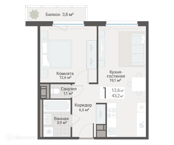 Продаётся 1-комнатная квартира, 43.2 м²
