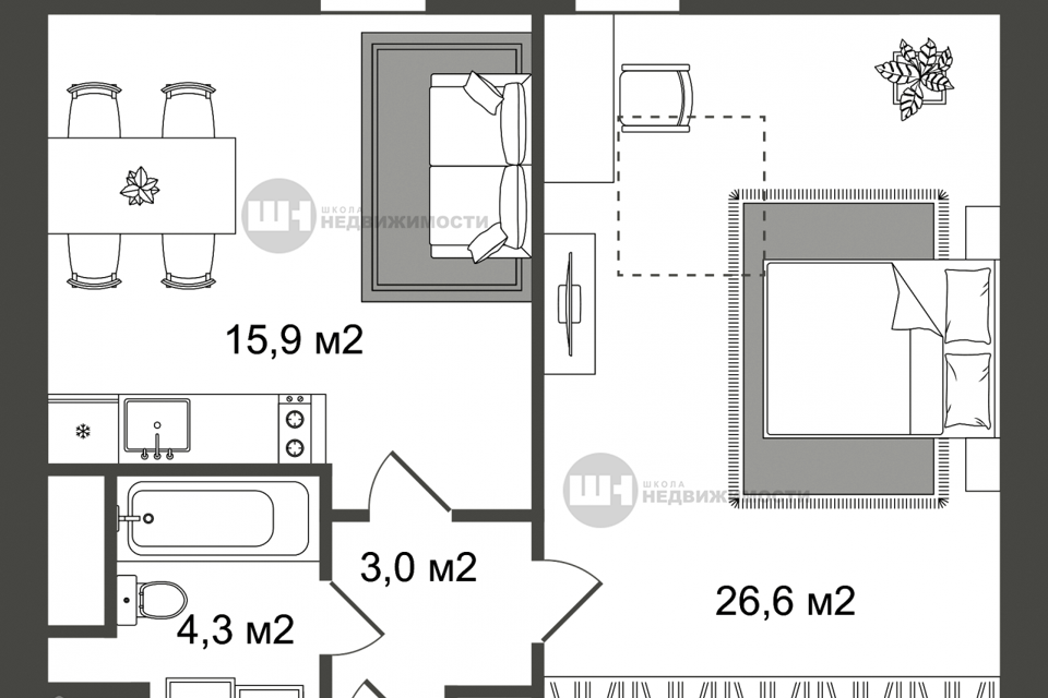 Продаётся 1-комнатная квартира, 49.7 м²