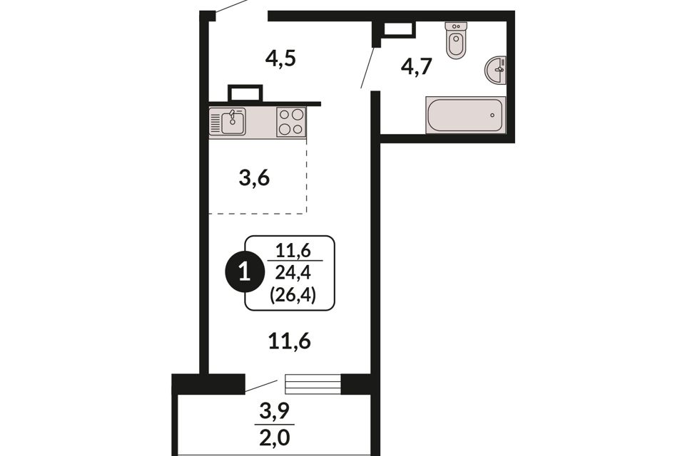 Продаётся 1-комнатная квартира, 26.4 м²