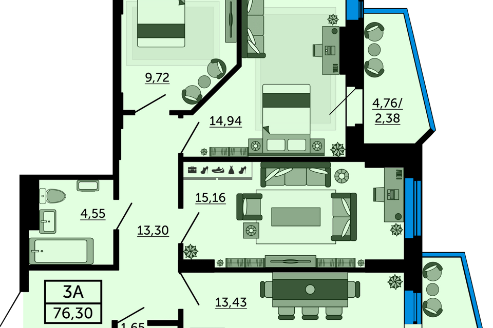 Продаётся 3-комнатная квартира, 76.5 м²