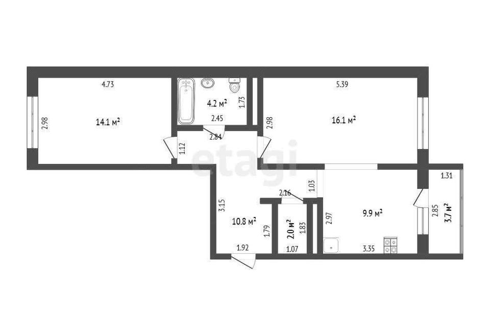 Продаётся 2-комнатная квартира, 57.1 м²