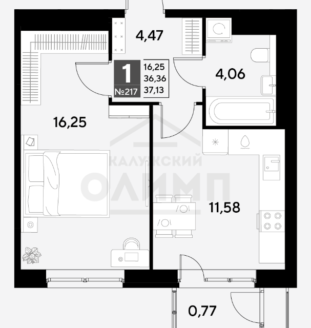 Продаётся 1-комнатная квартира, 37.13 м²