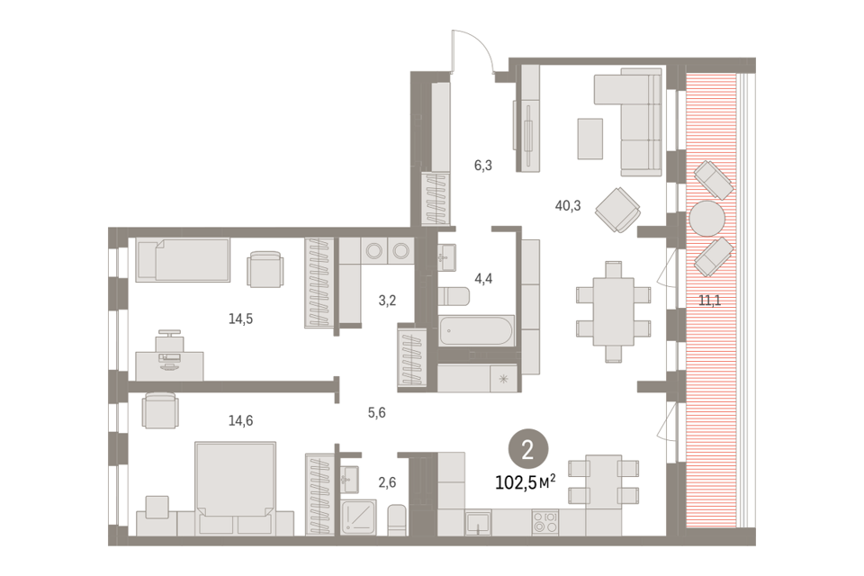 Продаётся 2-комнатная квартира, 102.5 м²