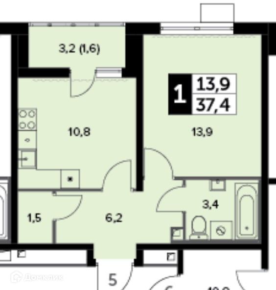 Продаётся 1-комнатная квартира, 37.4 м²