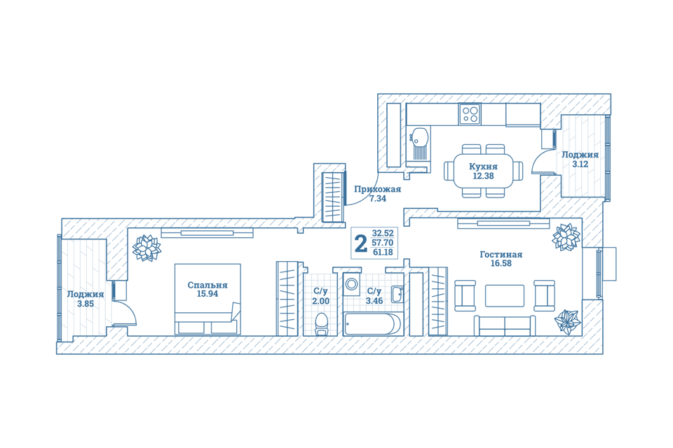 Продаётся 2-комнатная квартира, 61.6 м²