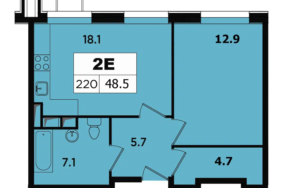 Продаётся 1-комнатная квартира, 48.5 м²