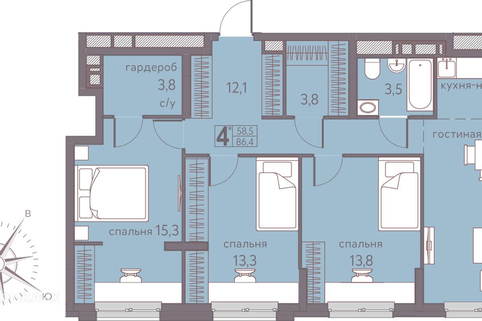 Продаётся 4-комнатная квартира, 86.4 м²