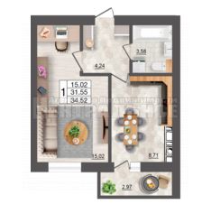 Продаётся 1-комнатная квартира, 34.52 м²