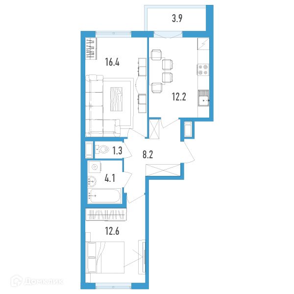 Продаётся 2-комнатная квартира, 56.8 м²