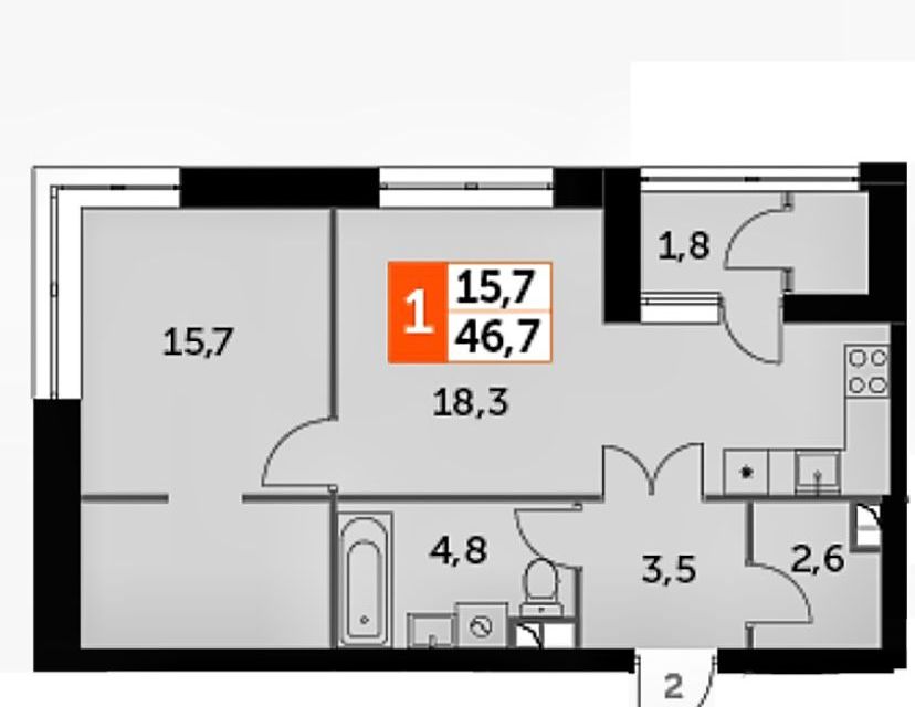 Продаётся 1-комнатная квартира, 46.7 м²