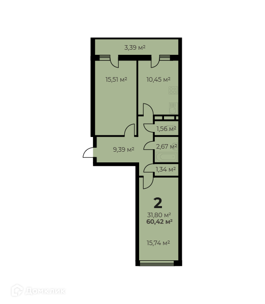 Продаётся 2-комнатная квартира, 56.8 м²