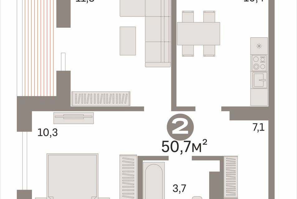 Продаётся 2-комнатная квартира, 50.7 м²