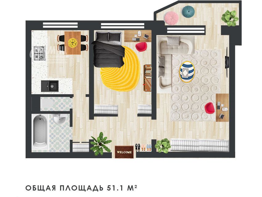 Продаётся 2-комнатная квартира, 51.1 м²