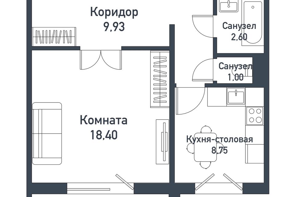 Продаётся 1-комнатная квартира, 40.4 м²