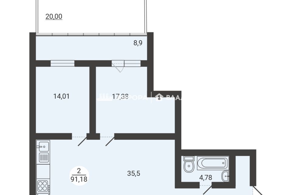 Продаётся 2-комнатная квартира, 91.18 м²